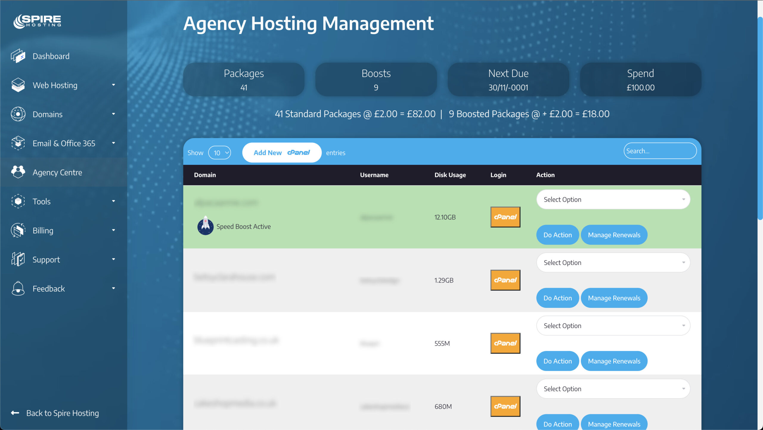 Spire Hosting agency control panel